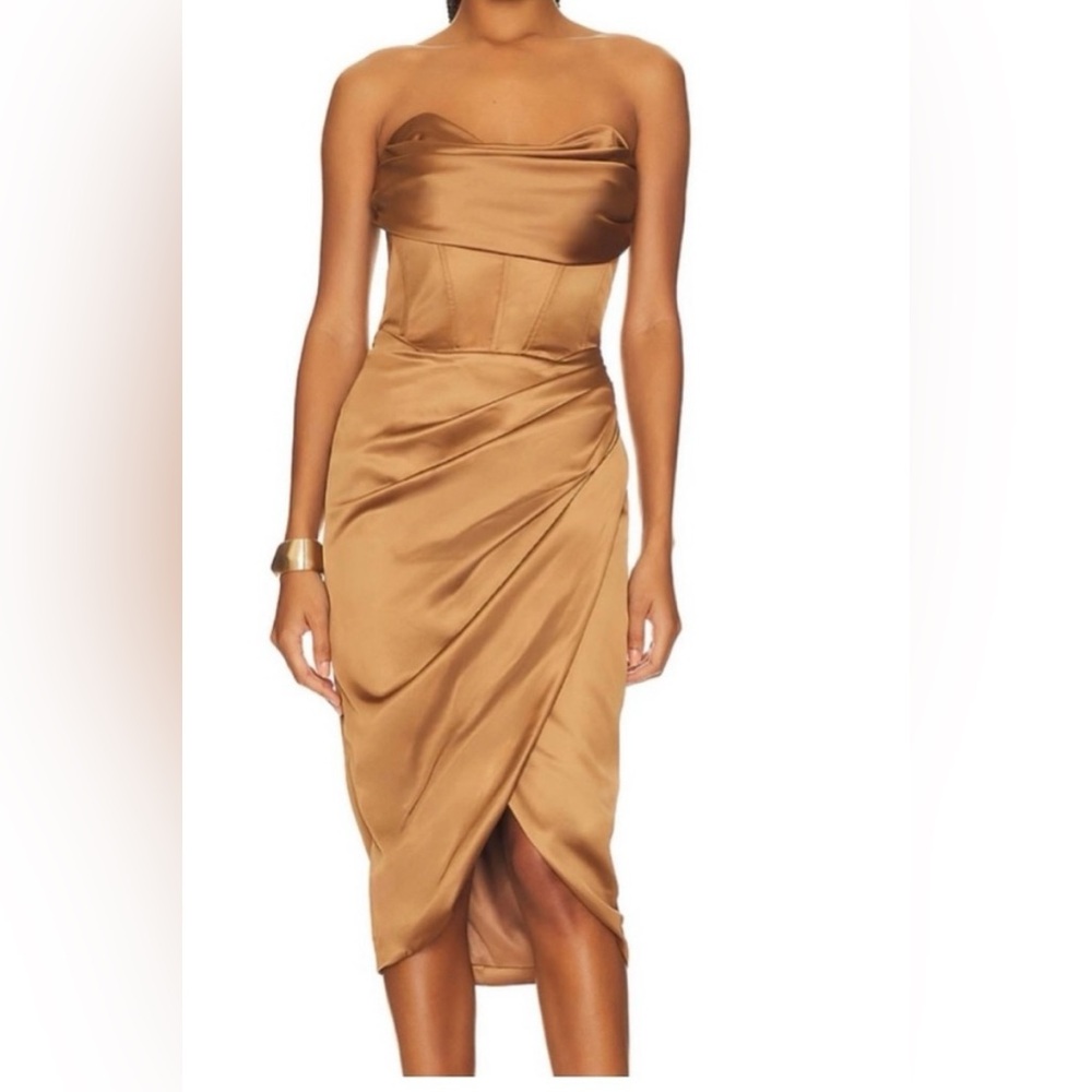REVOLVE Strapless Satin Tan Dress